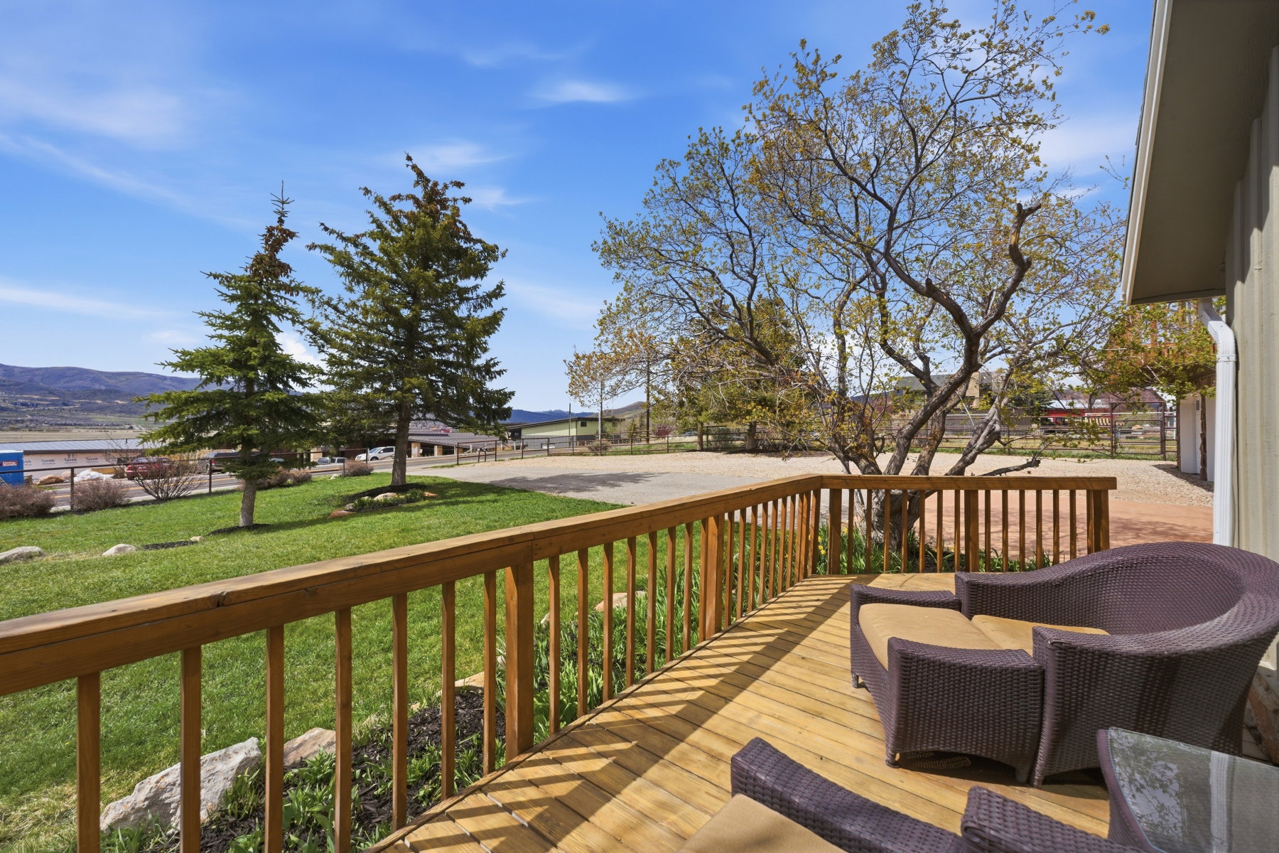 Wooden deck featuring a mountain view