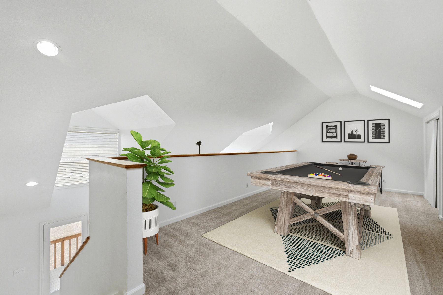 Game room featuring light carpet, billiards, a skylight, and vaulted ceiling