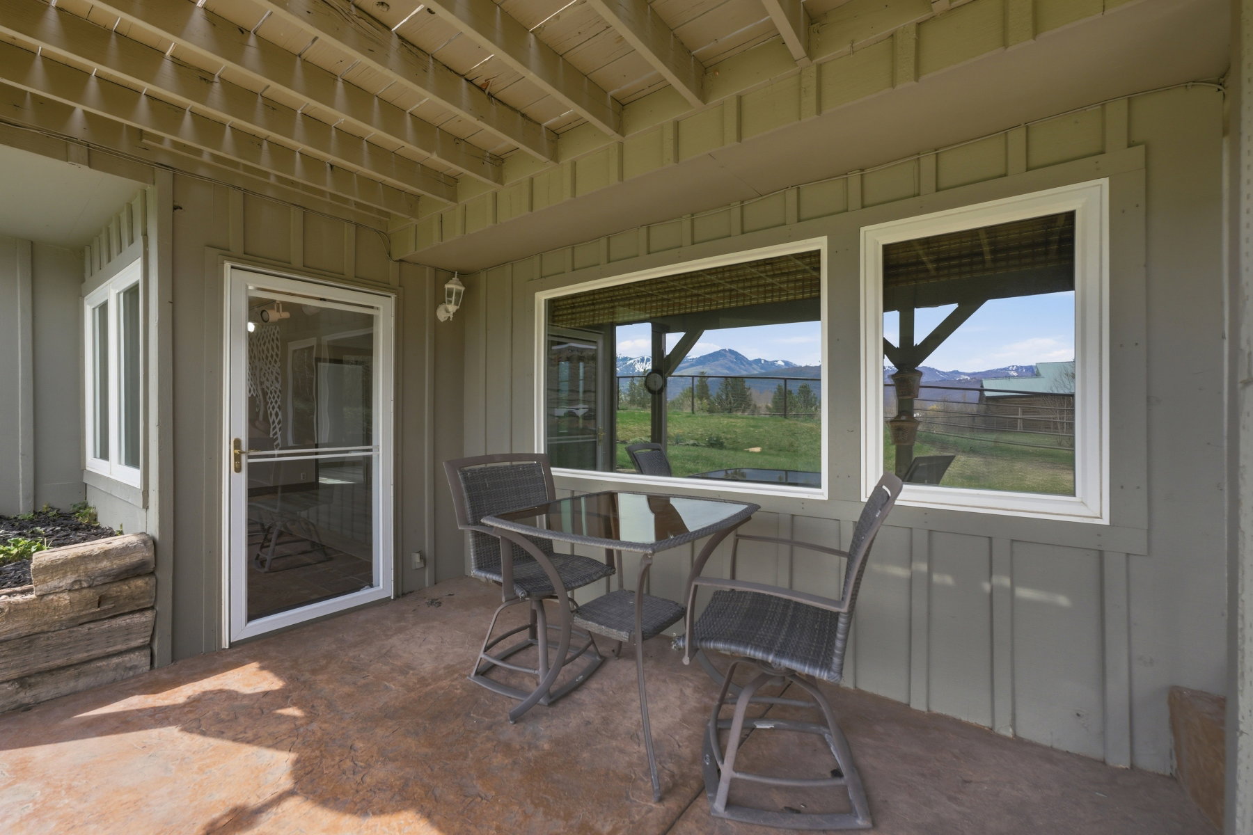 View of patio featuring a mountain view