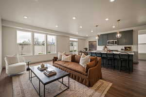 Living room with dark wood-style floors and recessed lighting