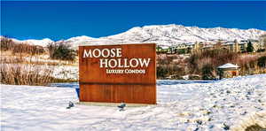 Community / neighborhood sign featuring a mountain view