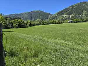 View of mountain backdrop with rural landscape and a forest