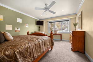 Owner's suite with plush carpet, crown molding, recessed lighting, and spectacular mountain views.