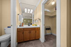 Owner's suite bathroom with single vanity, separate en suite water closet-full bathtub shower combo, and walk-in closet.