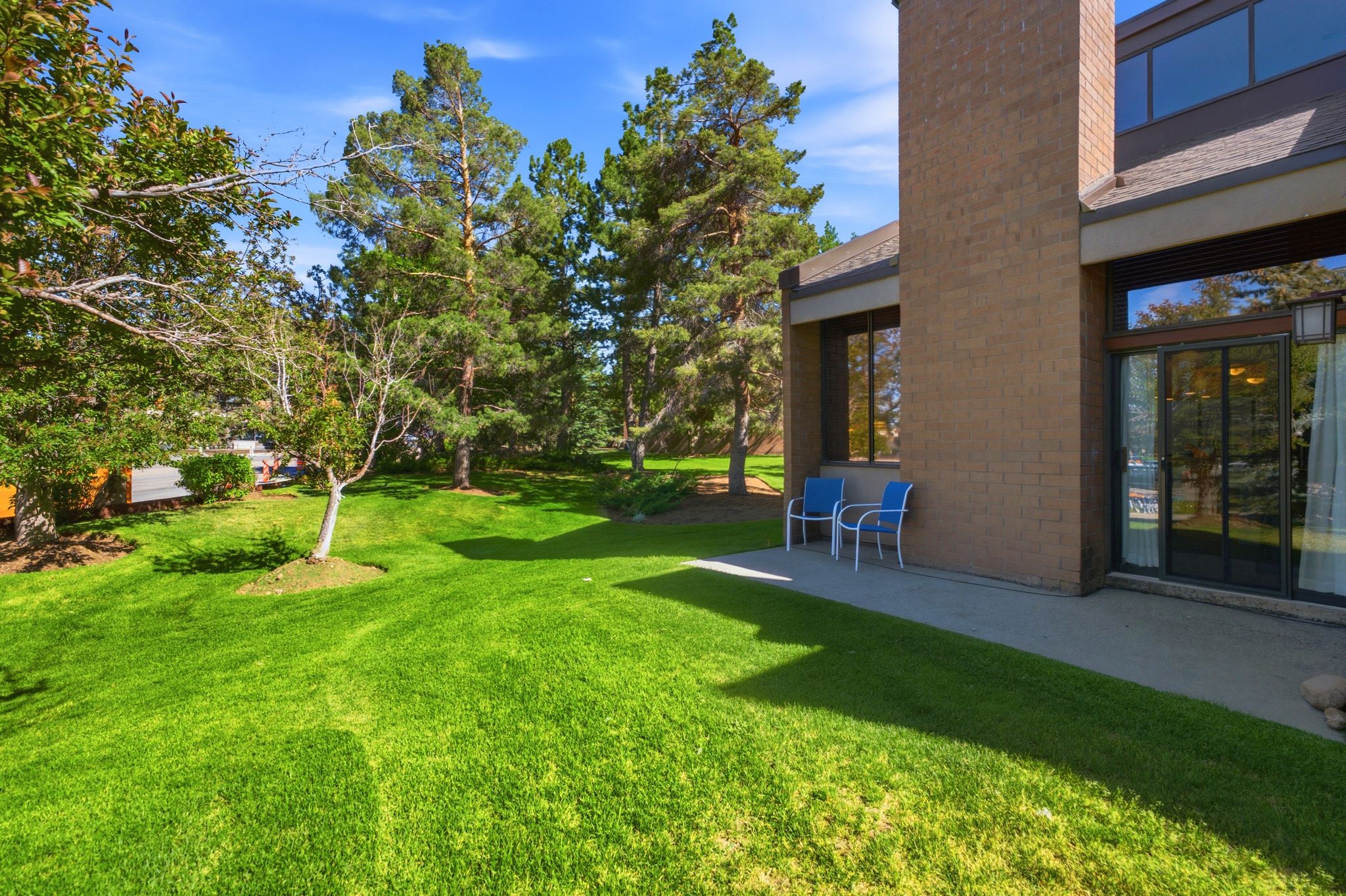 Expansive green lawn with mature trees bordering the property