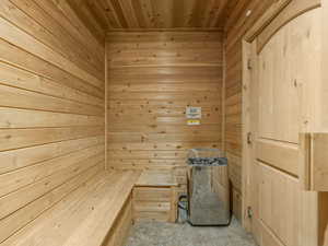 Relaxing sauna / steam room with wooden walls and wood ceiling