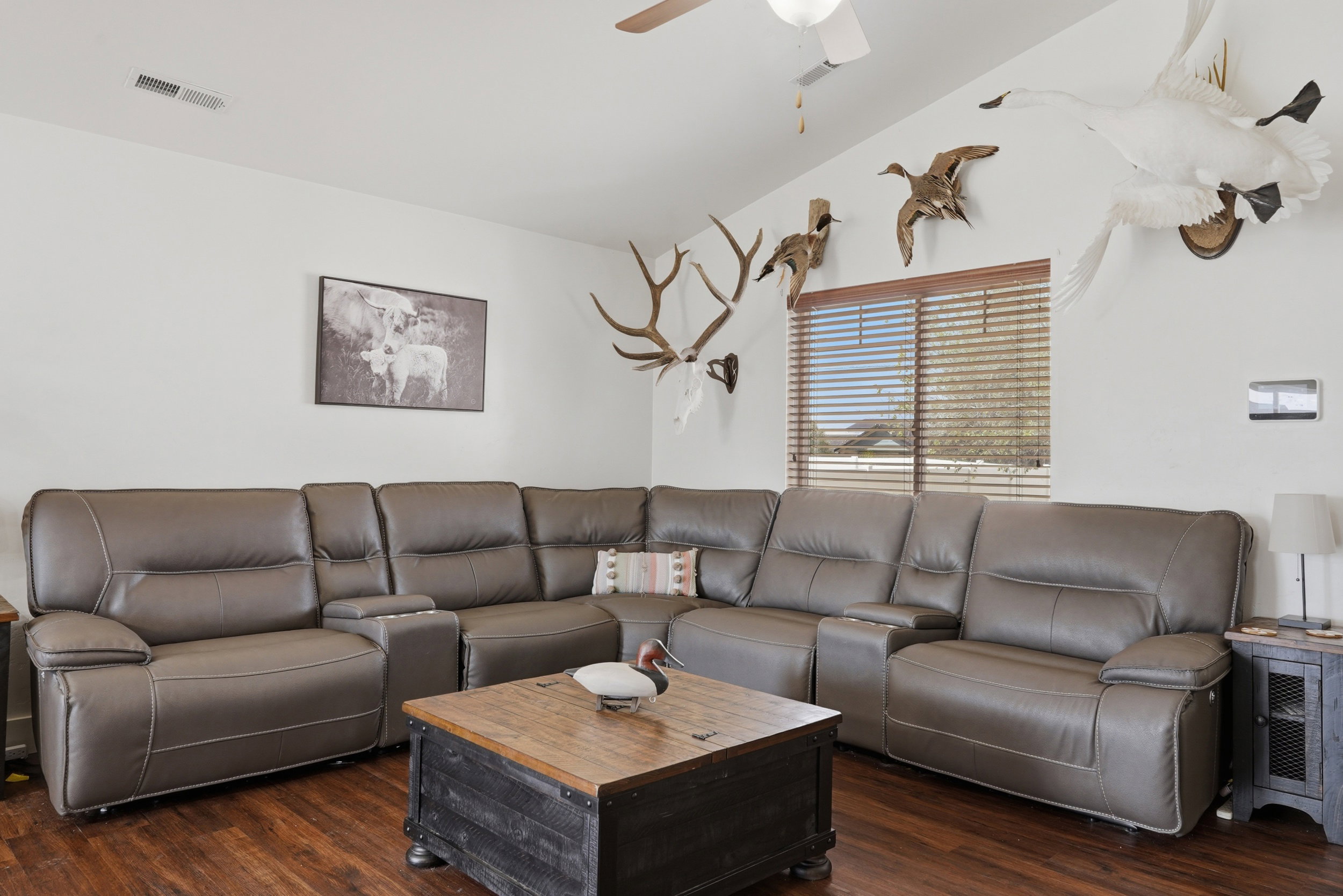 Living room featuring dark wood finished floors, a ceiling fan, and lofted ceiling
