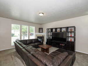 Spacious living area featuring neutral wall tones, carpeted flooring, and a ceiling-mounted light fixture