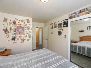 Carpeted room featuring a ceiling-mounted light fixture, light-toned walls, and a mirrored closet door