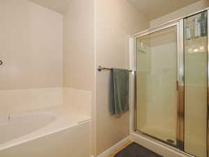 Enclosed shower with clear glass door and brushed nickel framing, alongside a built-in soaking tub with a tiled surround