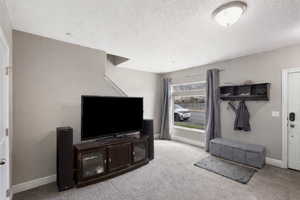 Living area with light carpet and a textured ceiling