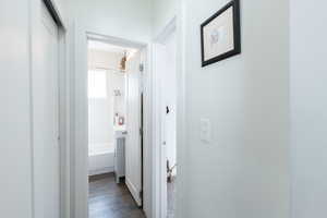 Hallway to bathroom featuring dark wood-style floors