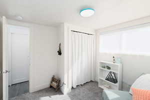 Carpeted bedroom with lots of natural light.
