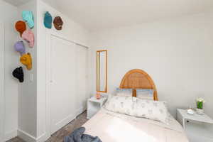 Primary bedroom with carpet, a closet, and lots of natural light.