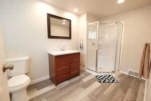 Bathroom with a shower stall, vanity, light wood-style flooring, and recessed lighting