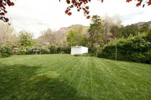 View of green lawn with a mountain view and a storage shed