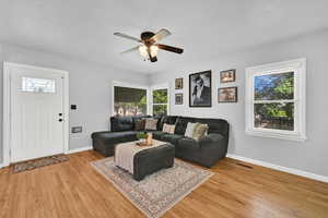 Living room featuring light wood-style flooring, plenty of natural light, and a ceiling fan