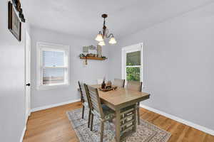 Dining space with plenty of natural light, light wood-style floors, and suspended lighting