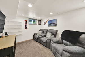 Cinema featuring light carpet, recessed lighting, and a textured ceiling