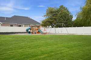 Fenced backyard featuring a playground