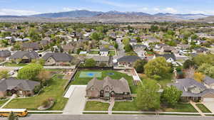 Aerial view of residential area with a mountain backdrop