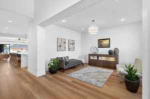 Living area featuring recessed lighting and light wood finished floors