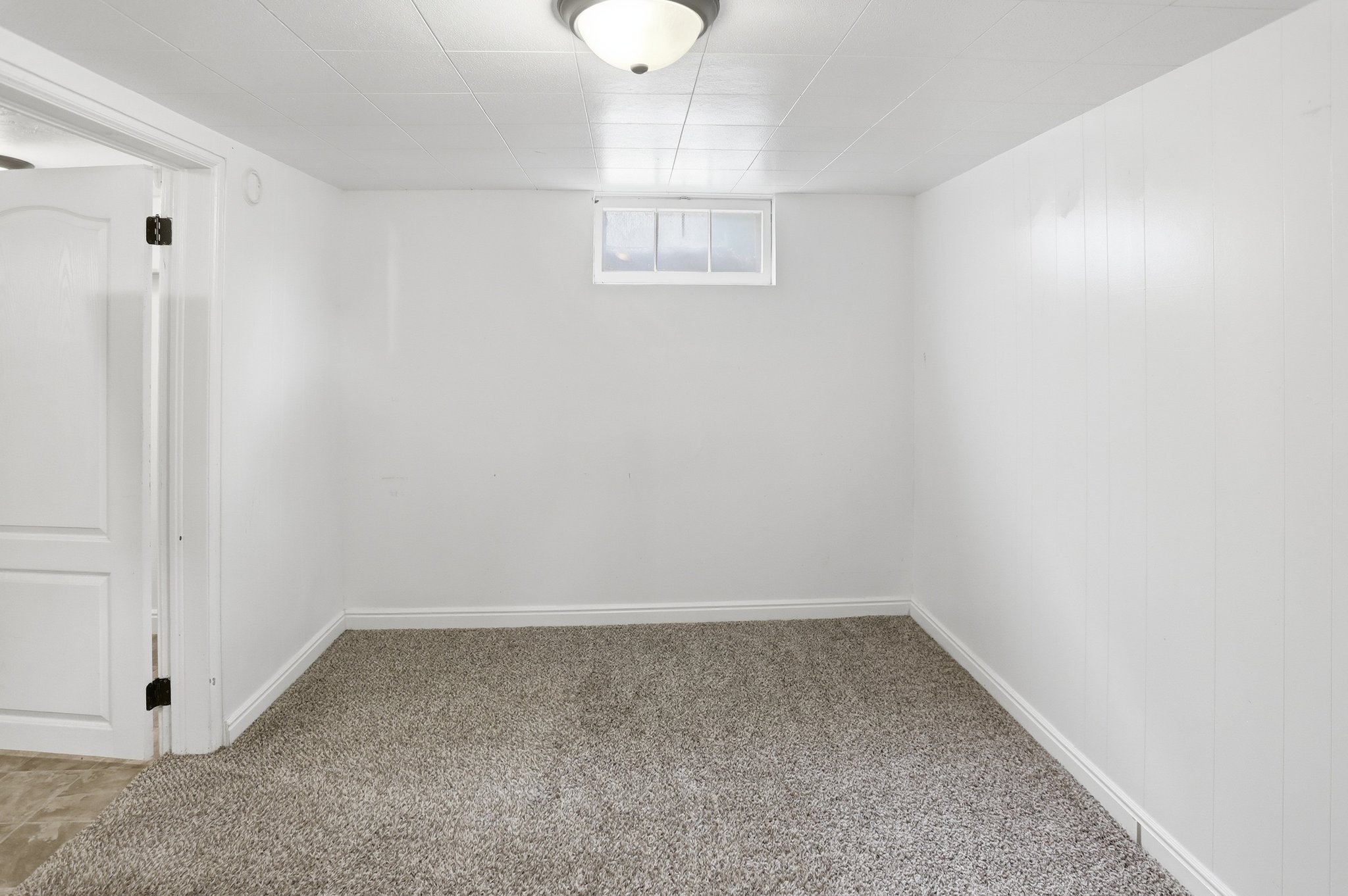 Basement with light colored carpet and baseboards