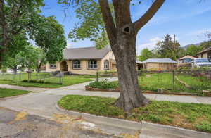 Ranch-style home featuring stucco siding, a fenced front yard, and a shingled roof