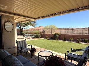 Fenced backyard featuring a patio