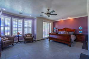 Bedroom featuring access to outside, crown molding, a ceiling fan, a textured ceiling, and recessed lighting