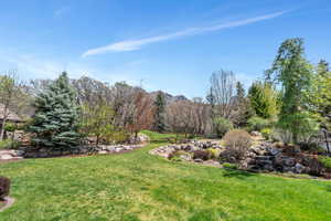 View of grassy yard with a mountain view