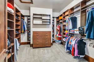 Walk in closet with light colored carpet