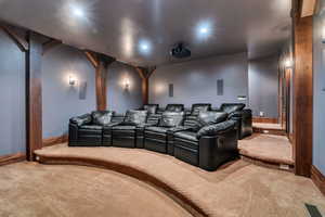 Carpeted cinema room featuring baseboards and recessed lighting