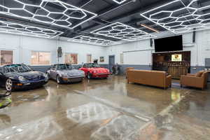 Garage with concrete block wall and electric panel