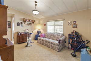 Carpeted living area with lofted ceiling and crown molding