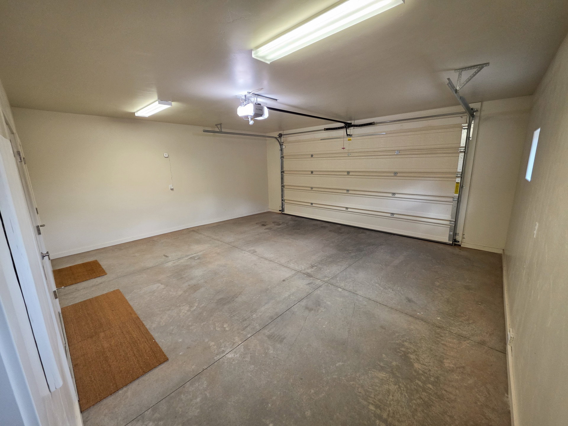 Spacious garage featuring a sectional overhead door, automatic opener, concrete flooring, and multiple fluorescent lighting fixtures