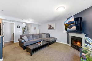 Living area featuring a glass covered fireplace and light carpet