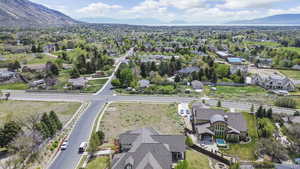 Aerial view of residential area with mountains