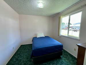 Bedroom featuring a textured ceiling and dark colored carpet