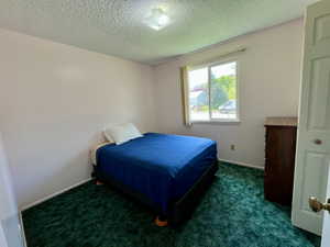 Bedroom with dark carpet and a textured ceiling