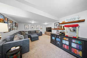 Living area featuring light carpet