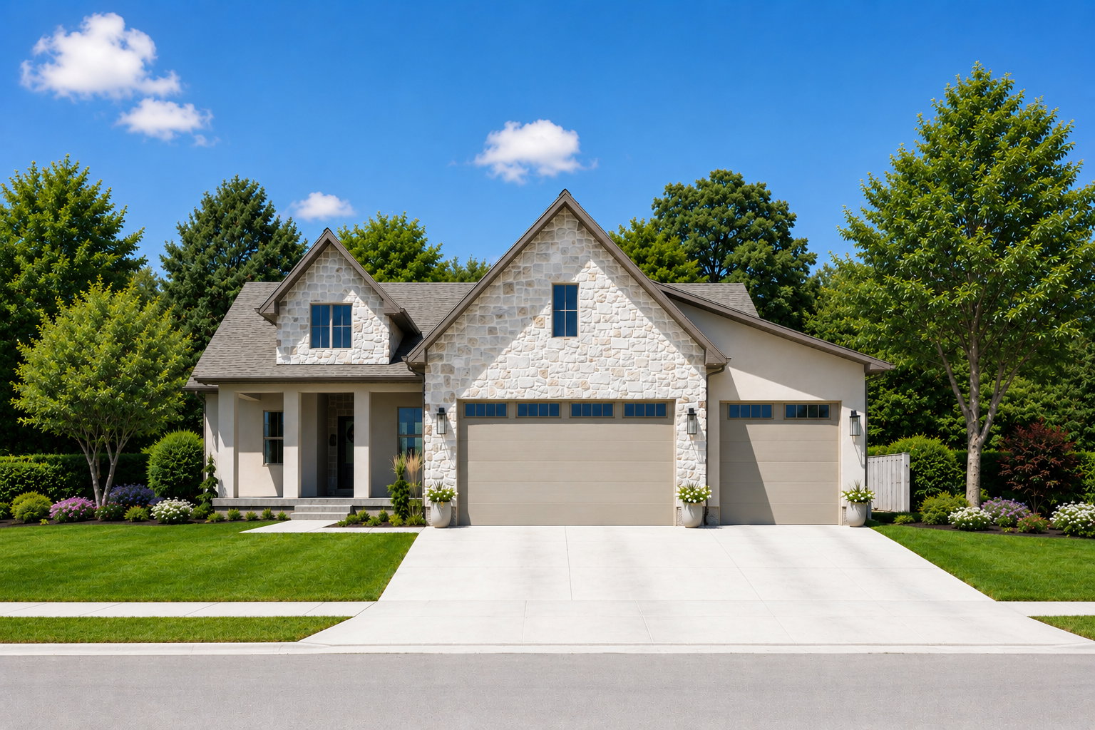 Stone and stucco exterior with gabled roof lines