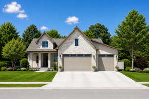 Stone and stucco exterior with gabled roof lines