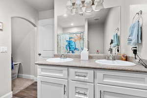 Full bathroom featuring double vanity, dark wood-type flooring, and a shower with shower curtain
