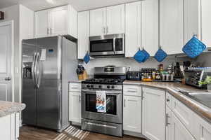 Kitchen featuring stainless steel appliances, white cabinets, and dark wood-type flooring