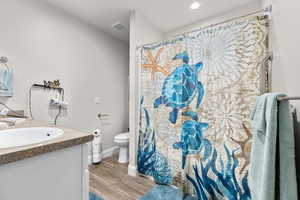 Bathroom with vanity, light wood-style floors, a shower with shower curtain, and recessed lighting