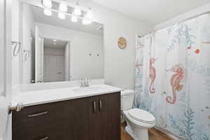 Full bathroom featuring vanity, curtained shower, and dark wood-style flooring