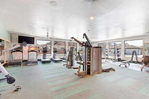 Workout area featuring a textured ceiling, recessed lighting, and a ceiling fan