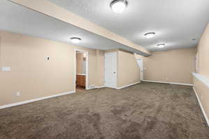 Finished basement featuring a textured ceiling and dark colored carpet