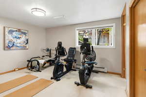Exercise room featuring light carpet and baseboards